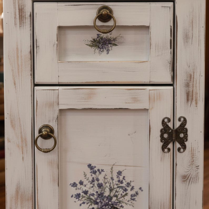 May include: A distressed white cabinet with a drawer and a door. The drawer and door feature floral decals and brass ring pulls. The cabinet has a rustic, vintage aesthetic, with visible wood grain and distressed paint.