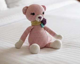 Handmade Pink Teddy Bear Crochet Stuffed Animal Antibacterial Cotton Plushie Soft Baby Shower Gift