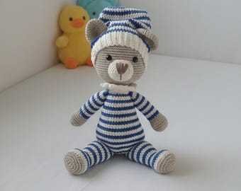 Crochet Sleepy Blue Teddy Bear Stuffed Animal Cotton Plushie Nursery Decor Baby Sleep Toy