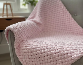 Pink Alize Puffy Baby Blanket Hand Knitted Basketweave Soft Fleece Plush Nursery Throw Gift