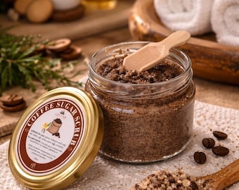 Exfoliante corporal de café y azúcar, exfoliante natural e hidratante para la piel, hecho a mano y vegano.