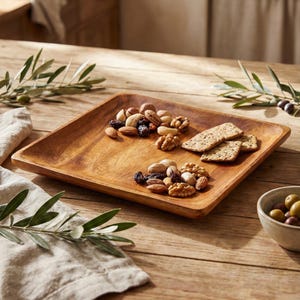 May include: A square wooden serving tray filled with a variety of nuts, dried fruit, and crackers. The tray is made of light brown wood and sits on a wooden table. Green olive branches and a small bowl of olives are also present.