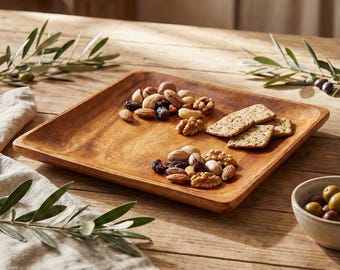 Handmade Wooden Cheese Board & Serving Tray, Acacia Wood Square Charcuterie Platter, Rustic Decor