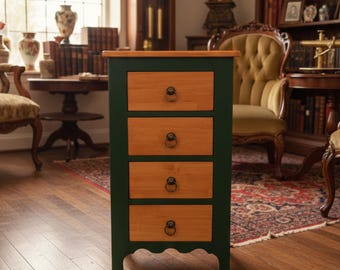Handmade Forest Green & Natural Wood Nightstand, 4 Drawer Solid Pine Bedside Table