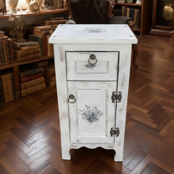 Handmade Distressed White Nightstand, Shabby Chic Pine Wood Bedside Table with Floral