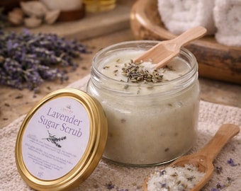 Exfoliante corporal de azúcar y lavanda, hidratante, vegano, hecho a mano, 290 g
