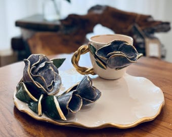 Unique Hand Sculpted Flower Ceramic Coffee Mug and Gold Trimmed Saucer Art Pottery