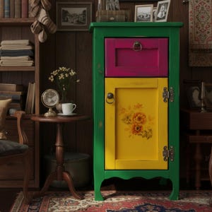 May include: A colorful cabinet with a green frame, a magenta drawer, and a yellow door. The door features a floral design. The cabinet is set in a room with a wooden bookshelf, a small table, and a patterned rug.