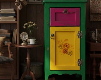 Handmade Colorful Distressed Nightstand, Green Boho Bedside Table with Pink and Yellow Accents