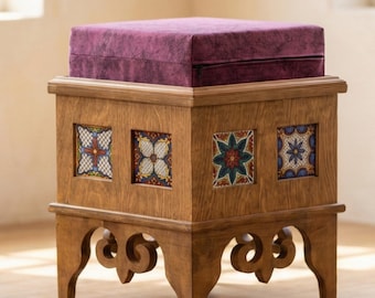 Handmade Wooden Ottoman Stool, Decorative Padded Pouf with Ceramic Tile Art, Rustic Furniture