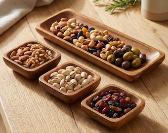 Handmade Acacia Wood 4 Piece Snack Bowl Set with Long Serving Tray, Cheese Board