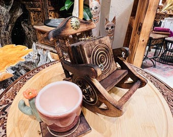 Handmade Mango Wood Coaster Set with Rocking Chair Holder Rustic Boho Drink Coasters