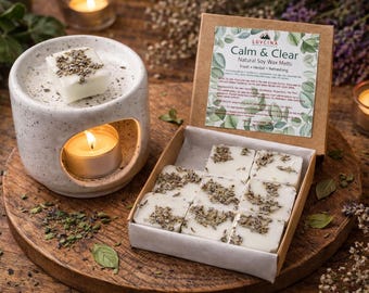 Pastillas de cera de soja botánicas hechas a mano, con fragancia de aceites esenciales naturales.