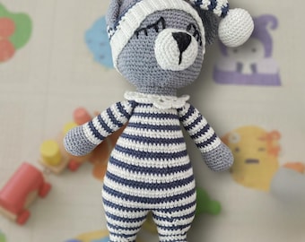 Gray White Sleepy Teddy Bear Crochet Stuffed Animal Cotton Plushie Hand Knitted Nursery Toy
