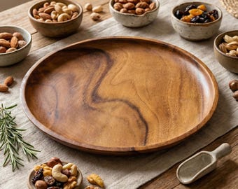 Handmade Round Acacia Wood Cheese Board, 10 inch Wooden Snack Plate, Rustic Charcuterie Tray