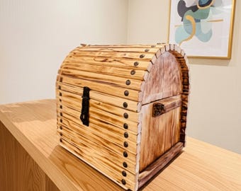 Handmade Spruce Wood Treasure Chest Rustic Decorative Storage Box Vintage Wooden Keepsake Trunk