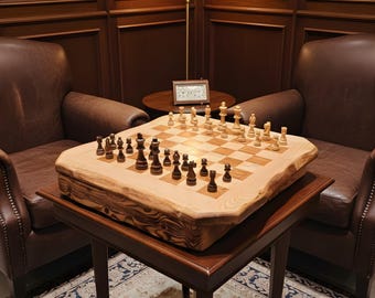 Handmade Spruce Wood Chess Set with Storage Drawer Large Rustic Wooden Board Professional Pieces