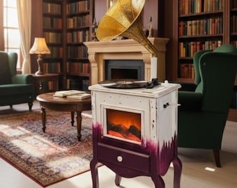 Handmade Large Gramophone with LED Fireplace Rustic Wooden Music Player Side Table Decor