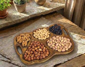 Handmade Wooden Snack Serving Tray, 5 Section Beech Plywood Nut Bowl, Rustic Appetizer Platter