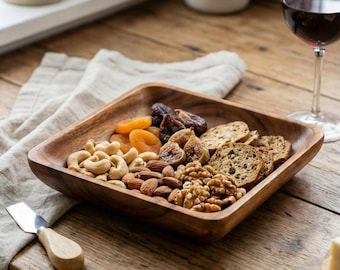Handmade Acacia Wood Serving Bowl, 8 inch Square Wooden Snack Dish, Rustic Nut Bowl