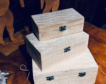 Handmade Teak Wood Storage Set 3 Pieces Nesting Decorative Boxes Rustic Carved Trinket Trunk