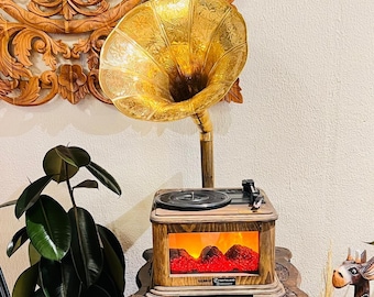 Handmade Vintage Style Gramophone with LED Fireplace Decor Wooden Retro Music Player Centerpiece
