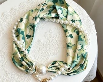 Personalización, Bufanda con perlas magnéticas y collar, Bufanda de satén desmontable para el cuello, Bufanda tipo gargantilla estampada, Pañuelo sin nudo, Accesorio elegante para mujer