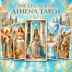 May include: A deck of tarot cards titled The Legacy of Athena Tarot, featuring five cards with illustrations of figures in ancient Greek attire, a golden chalice with a white dove, and a rider on a white horse, all set against a bright blue sky.