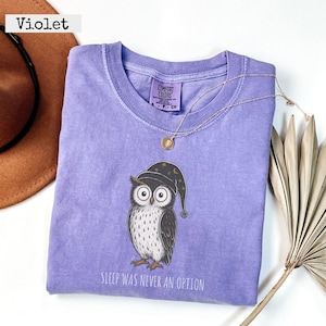 May include: A violet short-sleeved t-shirt featuring a graphic of an owl wearing a dark nightcap with stars and moons. Below the owl, the text reads, "SLEEP WAS NEVER AN OPTION." The shirt has a crew neckline and a Comfort Colors brand label.