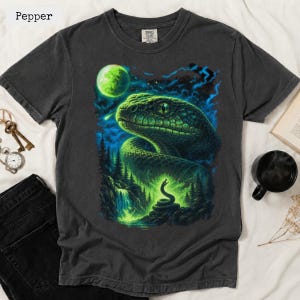 Op de afbeelding: Een antracietgrijs t-shirt met een grafische print van een grote groene slangenkop die uitkijkt over een boslandschap met een waterval, een kleinere slang en een felgroene maan in een donkerblauwe sterrenhemel. Het shirt heeft een ronde hals en korte mouwen.