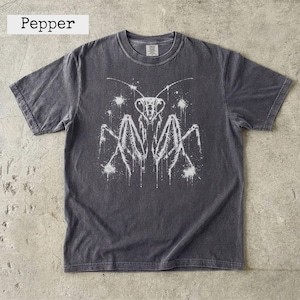 Op de afbeelding: Een antracietgrijs T-shirt met korte mouwen en een witte grafische print van een bidsprinkhaan met een spetterend inkt-effect. Het shirt heeft een ronde hals en een vervaagde, gewassen stoftextuur. Het woord Pepper staat linksboven afgedrukt.