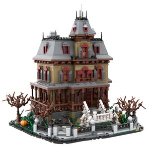 May include: A detailed model of a haunted house, constructed from interlocking blocks. The house features a tan facade, gray roof, and red accents. The model includes a porch, decorative trees, and a small fence, creating a spooky scene.