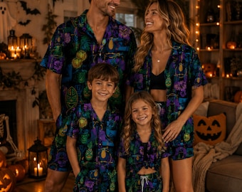Halloween Family Matching Hawaiian Shirt Set, Spooky Tropical Outfit, Matching Family Vacation Clothes, Halloween Button Up Shirt & Shorts