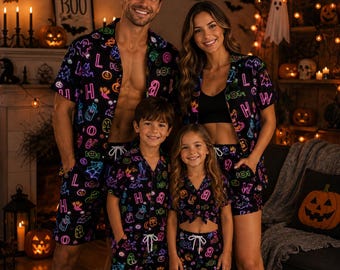 Neon Halloween Hawaiian Shirt & Shorts | Matching Family Outfit | Pumpkin Ghost Pajamas | Halloween Vacation Set