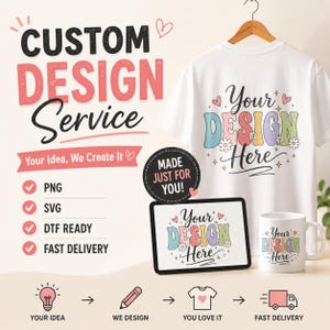 Pode incluir: Uma t-shirt branca e uma caneca de cerâmica branca com o texto Your Design Here em letras retro coloridas com margaridas e corações. Um tablet exibe o mesmo design gráfico e o texto Custom Design Service é visível na imagem.