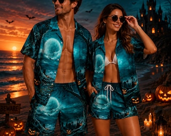 Men's Halloween Hawaiian Shirt Shorts Set, Spooky Vacation Outfit, Pumpkin Aloha Shirt, Halloween Beachwear, Gift for Him