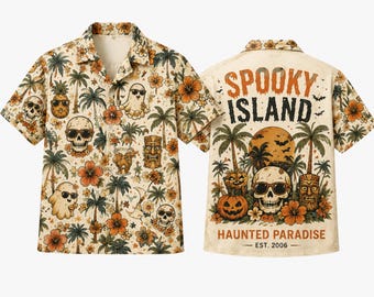 Vintage Halloween Hawaïhemd, Spooky Island Aloha-shirt, Retro Skull Pumpkin Tiki-shirt, Tropische Halloweenoutfit