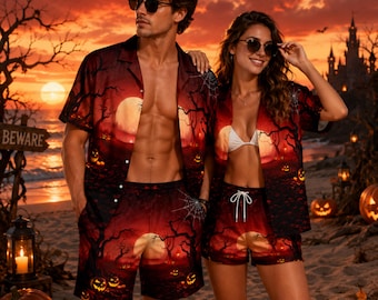Women's Halloween Hawaiian Shirt Shorts Set, Spooky Tropical Outfit, Pumpkin Aloha Shirt, Halloween Vacation Wear, Gift for Her