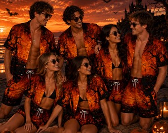 Matching Halloween Hawaiian Shirts & Shorts, Spooky Group Vacation Outfit, Tropical Pumpkin Aloha Set, Halloween Party Clothes