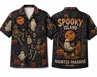 Retro Halloween Hawaïhemd, Spooky Island Aloha-shirt, Overhemd met Skelet en Pompoen, Tropisch Horrorhemd