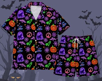 Neon Halloween Hawaiian Shirt & Shorts Set, Matching Family Spooky Outfit, Glow In The Dark Style