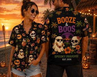 Halloween Hawaiian Shirt, Booze and Boos Couple Shirt, Spooky Aloha Shirt, Tropical Skull & Ghost Button Up, Halloween Vacation Outfit