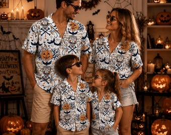 Vintage Halloween Hawaiian Shirt & Matching Family Outfit, Retro Pumpkin Skull Shirt, Spooky Button Up