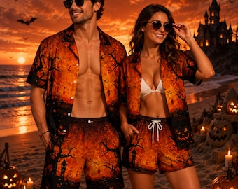 Halloween Hawaiian Shirt Shorts Set, Matching Couple Outfit, Spooky Tropical Vacation Wear, Halloween Beach Set