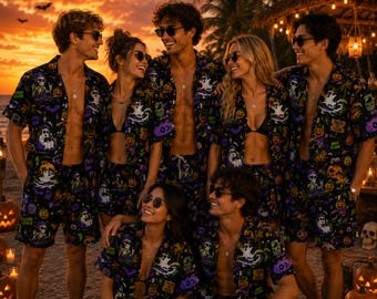 Matching Halloween Hawaiian Shirts for Friends, Spooky Group Aloha Shirts, Halloween Party Vacation Outfit, Tropical Family Shirts