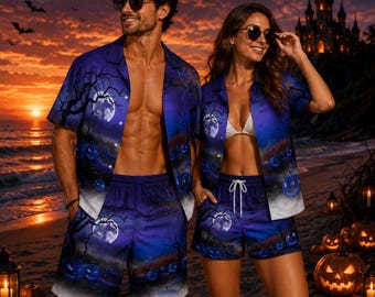 Pumpkin Aloha Shirt, Halloween Hawaiian Shirt Shorts Set, Spooky Tropical Vacation Outfit, Haunted Beachwear, Halloween Party