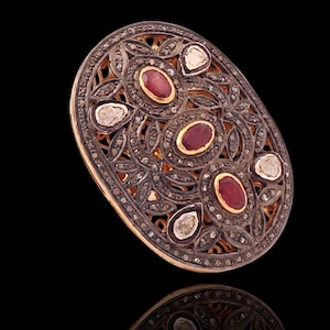 18k Gold Ruby Diamond Polki Ring, Victorian Sterling Silver Statement Jewelry
