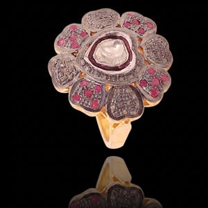 Atractivo anillo Polki de rubí y diamantes, oro de 18k, plata de ley. Elegante anillo victoriano.