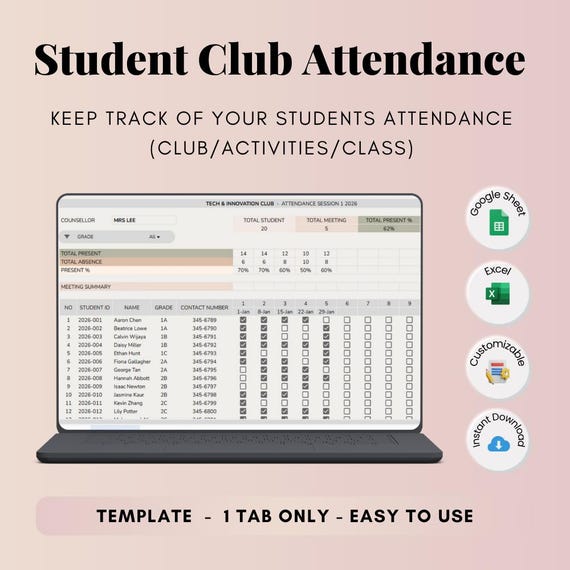 School Club Attendance Google Sheets Excel: Teacher, Classroom, Activity Template (Digital Download)