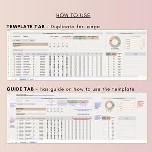 Op de afbeelding: Spreadsheet-sjabloon met twee tabbladen: "TEMPLATE TAB - Duplicate for usage" en "GUIDE TAB - has guide on how to use the template." De sjabloon bevat secties voor aanwezigheid, studentennamen en vergaderoverzichten.